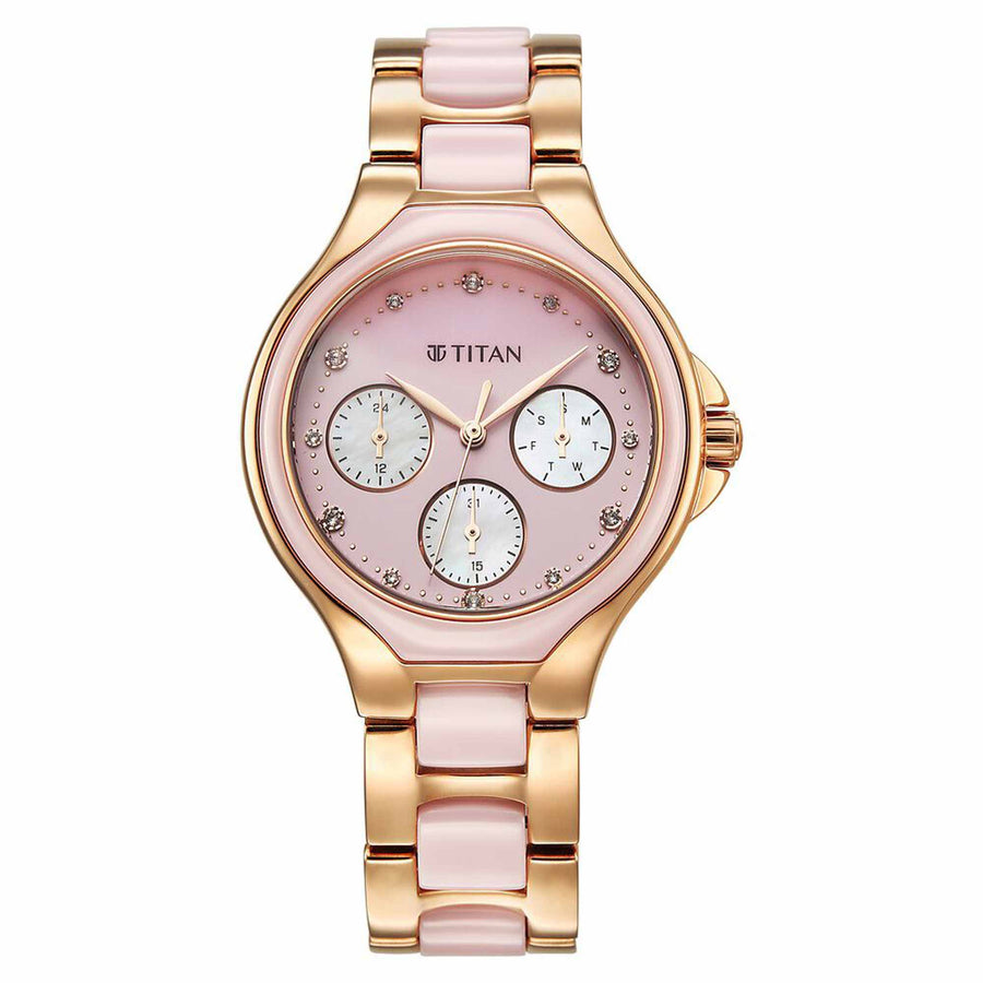 Titan Glamour Quartz Multifunction Mother Of Pearl Dial Pink Ceramic & Steel Strap Watch For Women