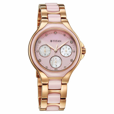 Titan Glamour Quartz Multifunction Mother Of Pearl Dial Pink Ceramic & Steel Strap Watch For Women