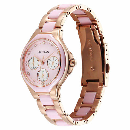 Titan Glamour Quartz Multifunction Mother Of Pearl Dial Pink Ceramic & Steel Strap Watch For Women