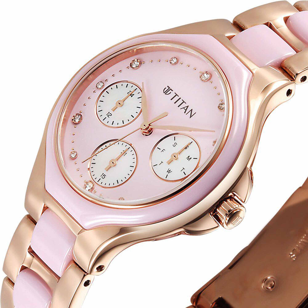 Titan Glamour Quartz Multifunction Mother Of Pearl Dial Pink Ceramic & Steel Strap Watch For Women