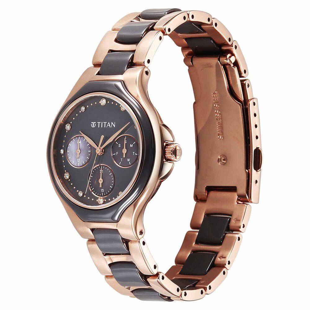 Titan Glamour Quartz Multifunction Grey Dial Two Toned Steel & Ceramic Strap Watch For Women