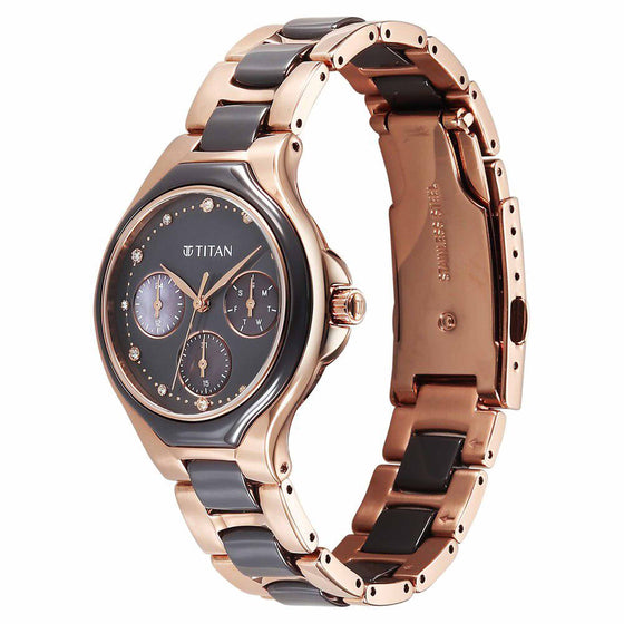 Titan Glamour Quartz Multifunction Grey Dial Two Toned Steel & Ceramic Strap Watch For Women