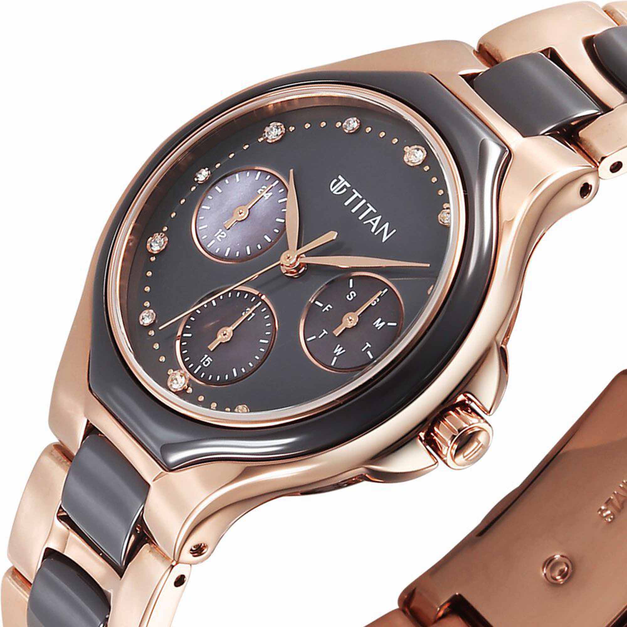 Titan Glamour Quartz Multifunction Grey Dial Two Toned Steel & Ceramic Strap Watch For Women