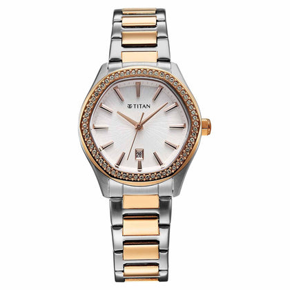 Titan Glamour Quartz Analog with Date Silver Dial Two Toned Stainless Steel Strap Watch For Women