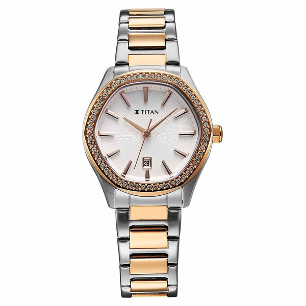Titan Glamour Quartz Analog with Date Silver Dial Two Toned Stainless Steel Strap Watch For Women
