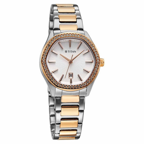 Titan Glamour Quartz Analog with Date Silver Dial Two Toned Stainless Steel Strap Watch For Women