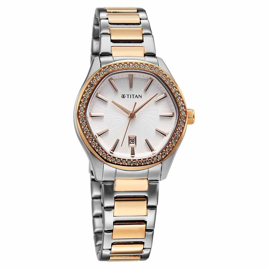 Titan Glamour Quartz Analog with Date Silver Dial Two Toned Stainless Steel Strap Watch For Women