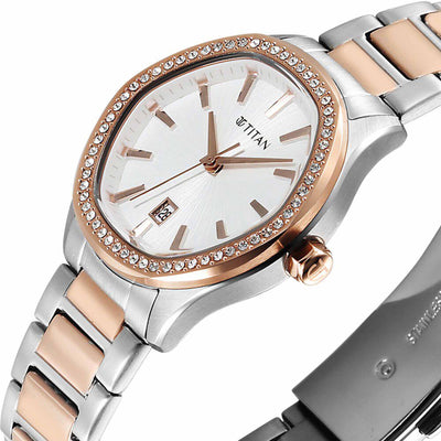 Titan Glamour Quartz Analog with Date Silver Dial Two Toned Stainless Steel Strap Watch For Women