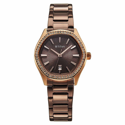 Titan Glamour Quartz Analog with Date Brown Dial Brown Stainless Steel Strap Watch For Women