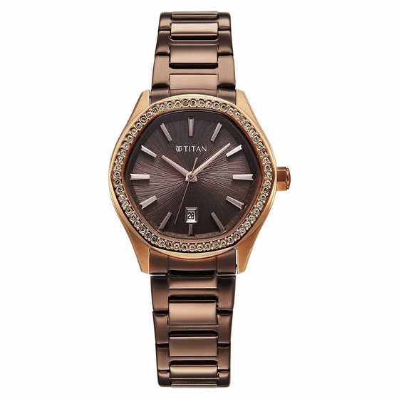Titan Glamour Quartz Analog with Date Brown Dial Brown Stainless Steel Strap Watch For Women