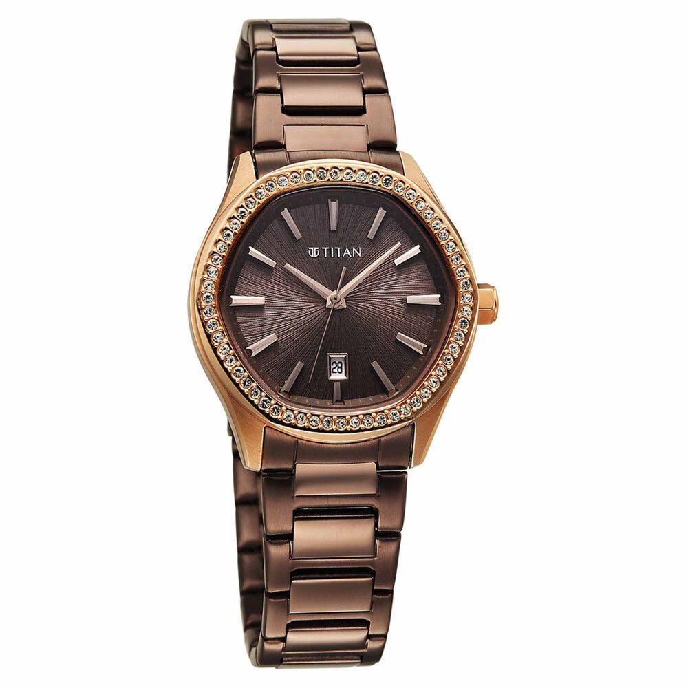 Titan Glamour Quartz Analog with Date Brown Dial Brown Stainless Steel Strap Watch For Women
