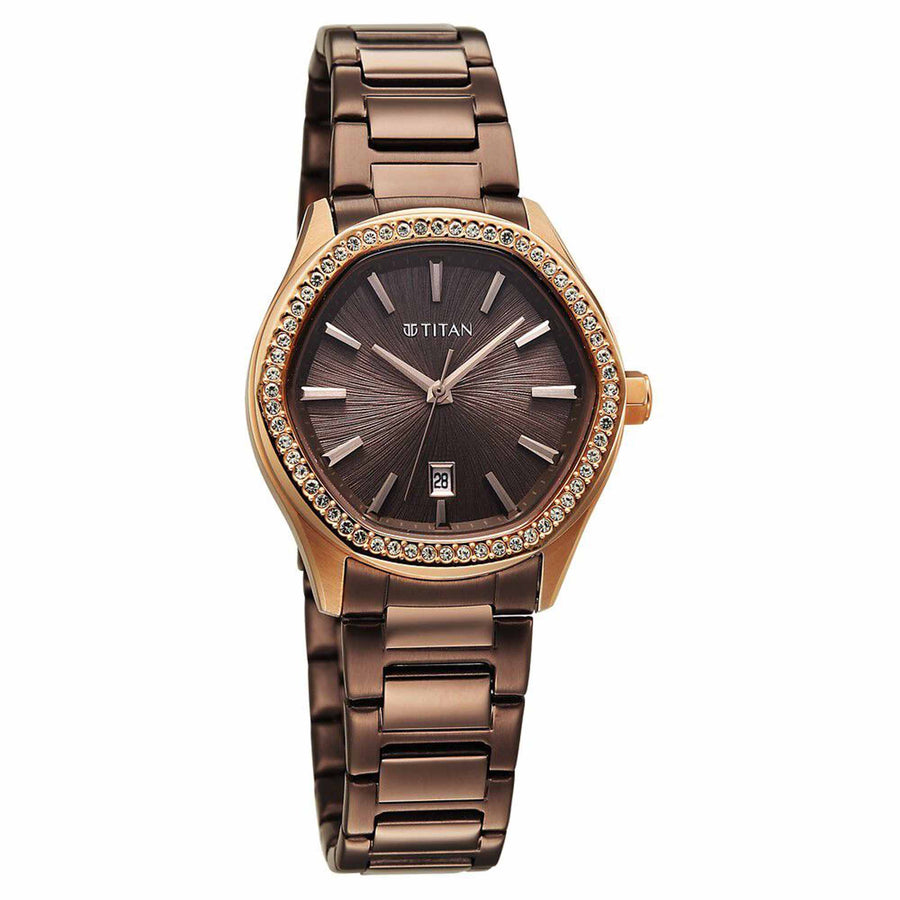 Titan Glamour Quartz Analog with Date Brown Dial Brown Stainless Steel Strap Watch For Women