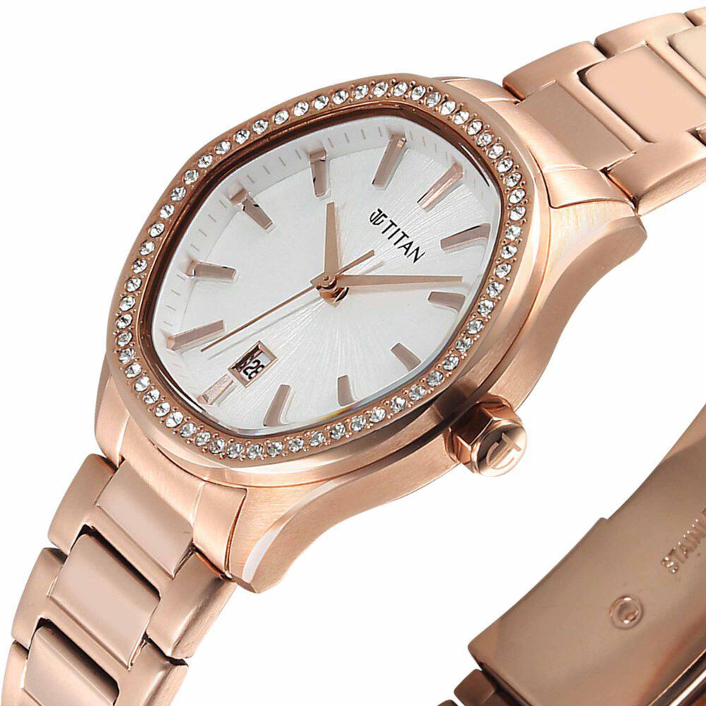 Titan Glamour Quartz Analog with Date Silver Dial Rose Gold Stainless Steel Strap Watch For Women
