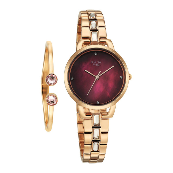 Titan Raga Glimmers Quartz Analog Red Mother of Pearl Dial Rose Gold Metal Strap Watch For Women