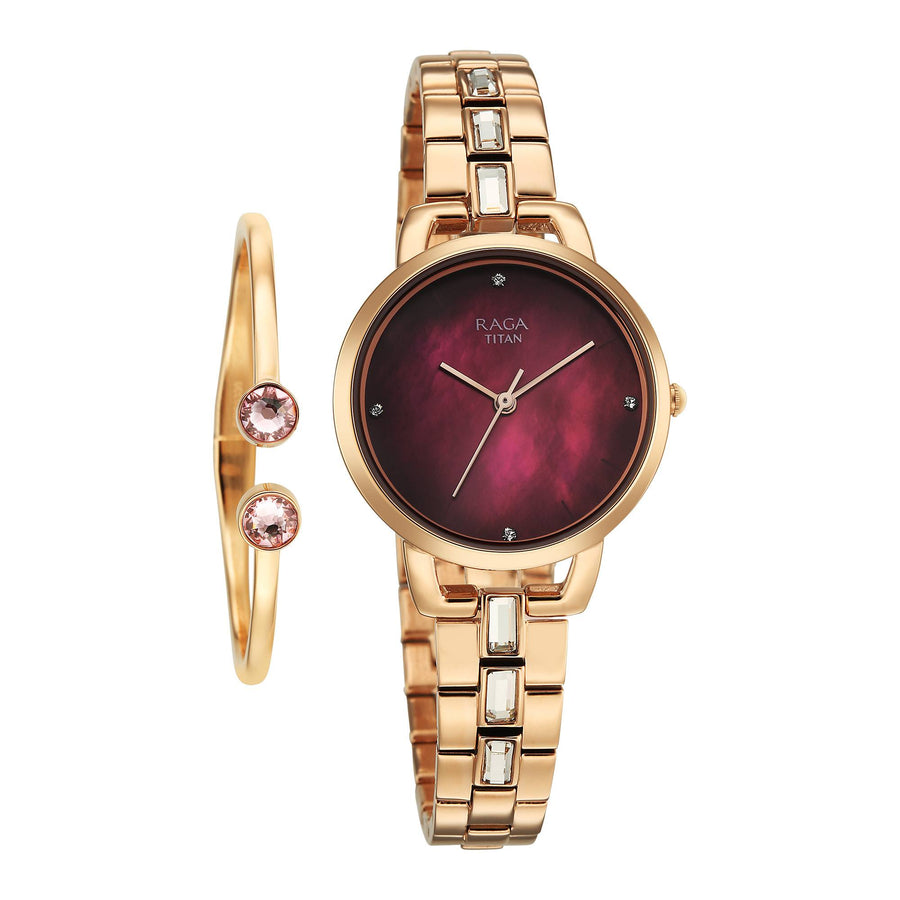 Titan Raga Glimmers Quartz Analog Red Mother of Pearl Dial Rose Gold Metal Strap Watch For Women