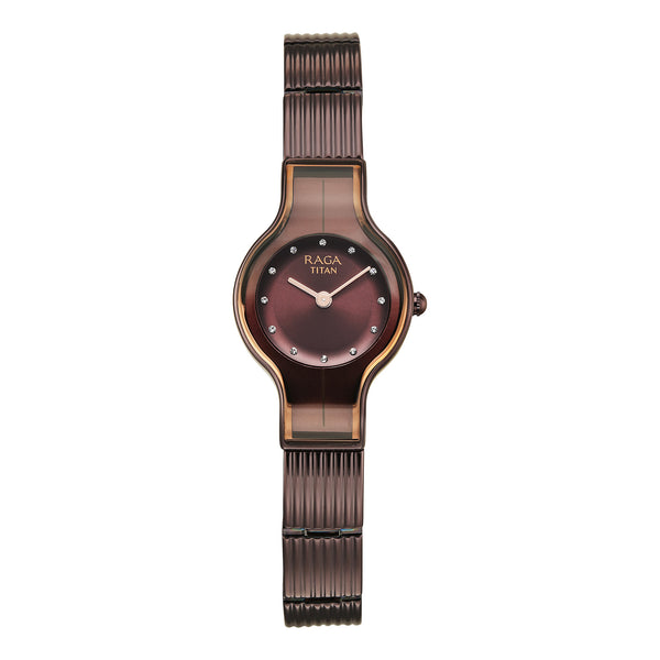 Titan Raga Glimmers Quartz Analog Rose Gold Dial Brown Metal Strap Watch For Women