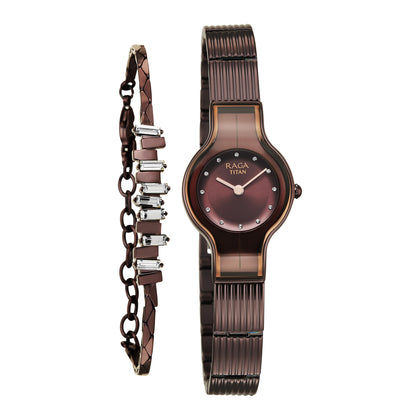 Titan Raga Glimmers Quartz Analog Rose Gold Dial Brown Metal Strap Watch For Women