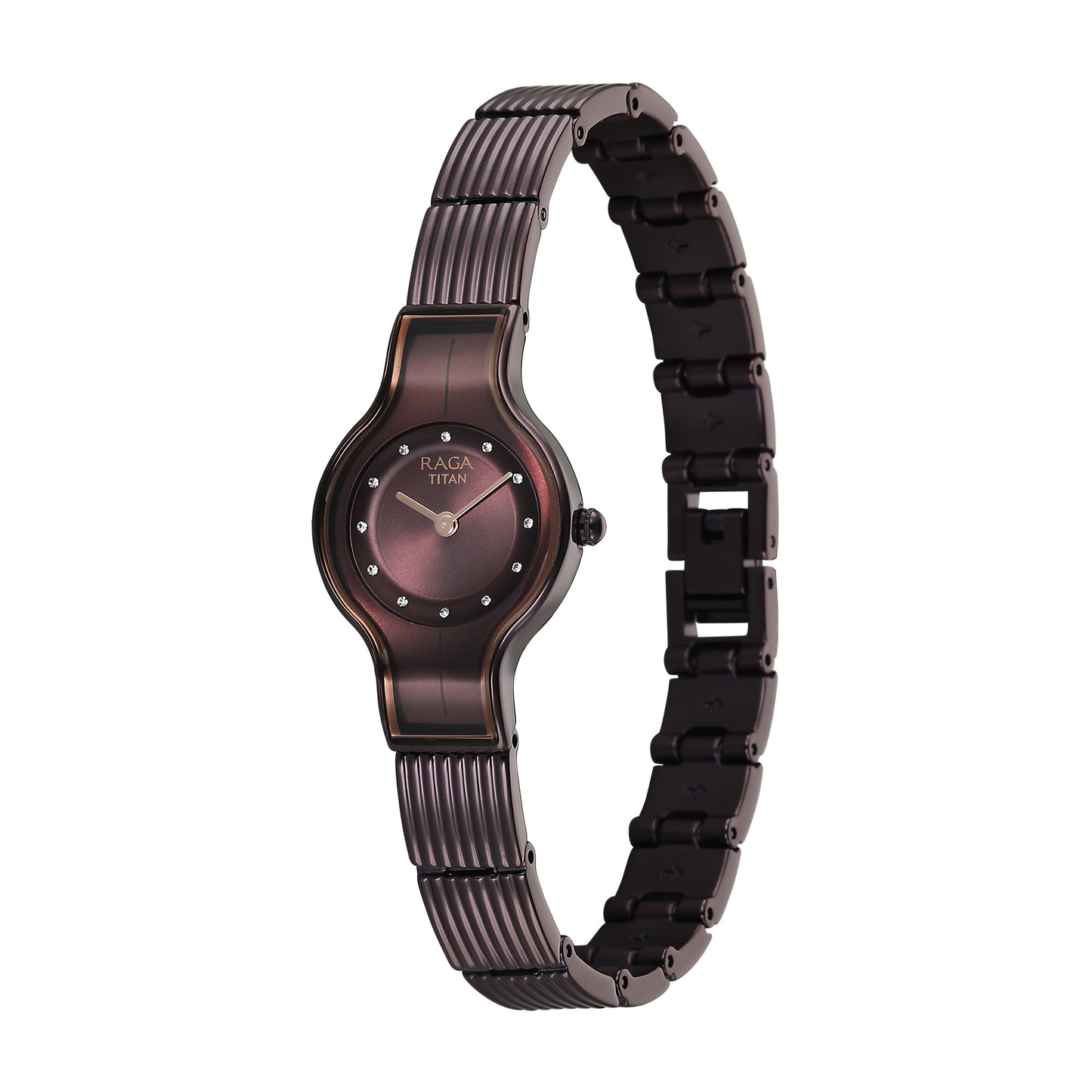 Titan Raga Glimmers Quartz Analog Rose Gold Dial Brown Metal Strap Watch For Women