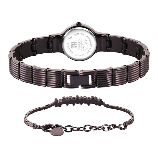 Titan Raga Glimmers Quartz Analog Rose Gold Dial Brown Metal Strap Watch For Women