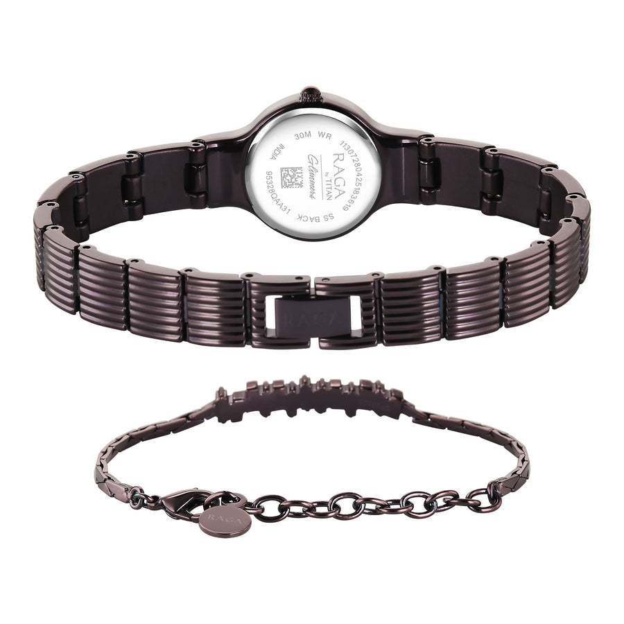 Titan Raga Glimmers Quartz Analog Rose Gold Dial Brown Metal Strap Watch For Women