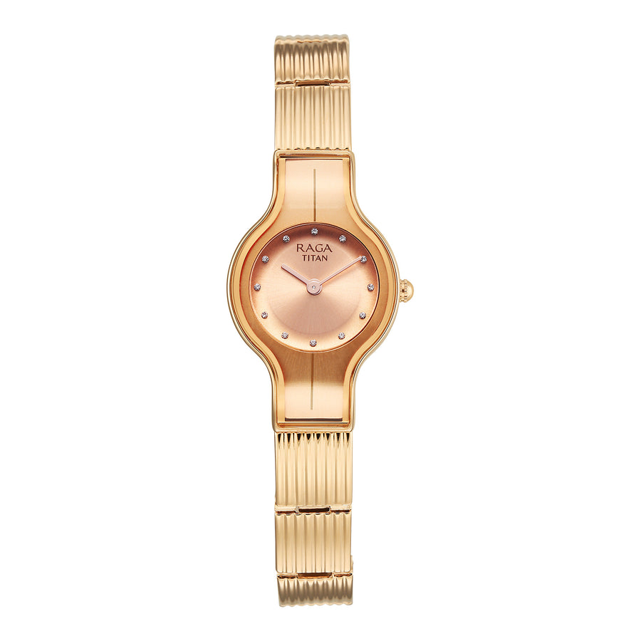 Titan Raga Glimmers Quartz Analog Brown Dial Rose Gold Metal Strap Watch For Women