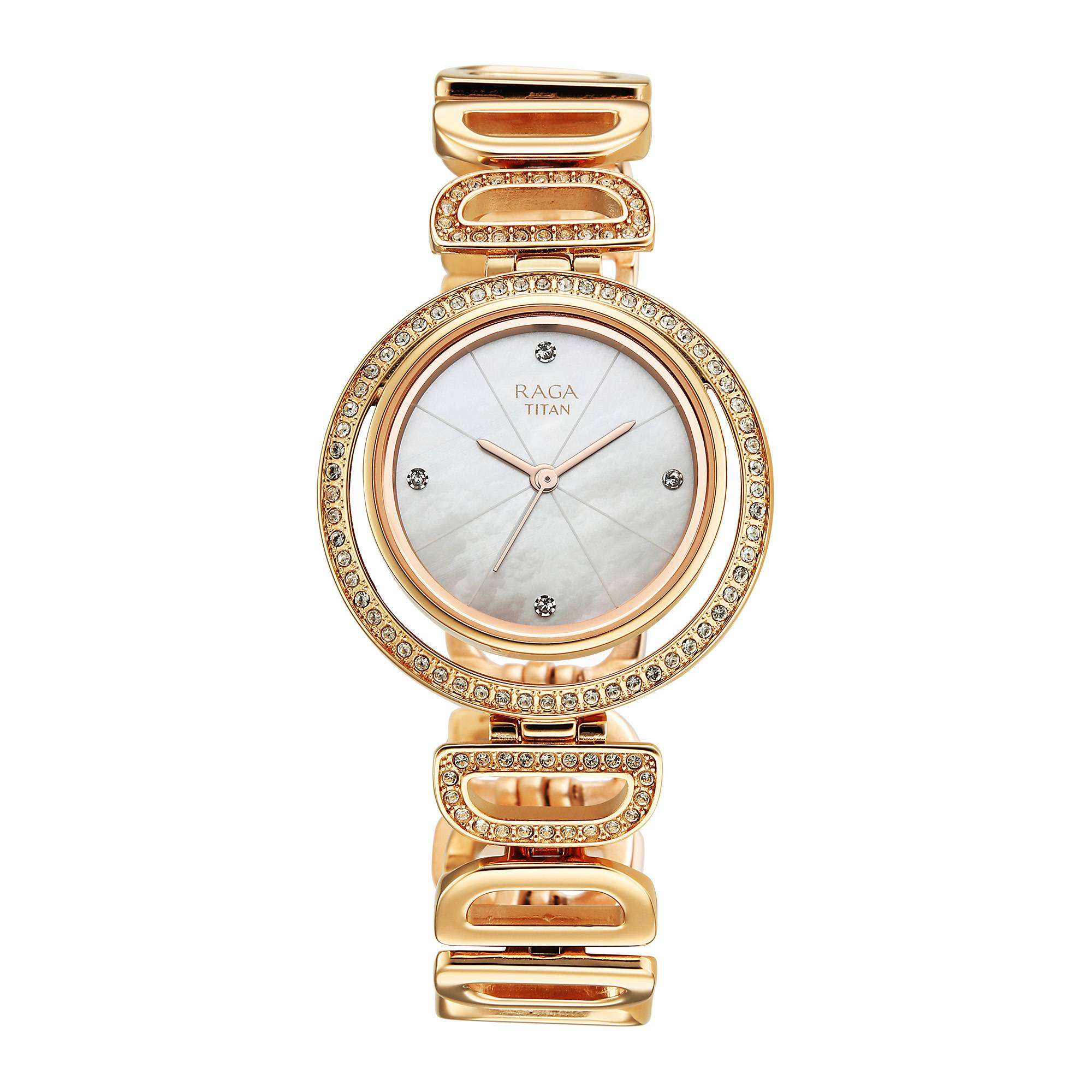Titan Raga Glimmers Mother of Pearl Dial Rose Gold Metal Strap Analog Watch for Women
