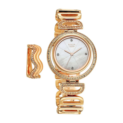 Titan Raga Glimmers Quartz Analog Mother of Pearl Dial Rose Gold Metal Strap Watch For Women