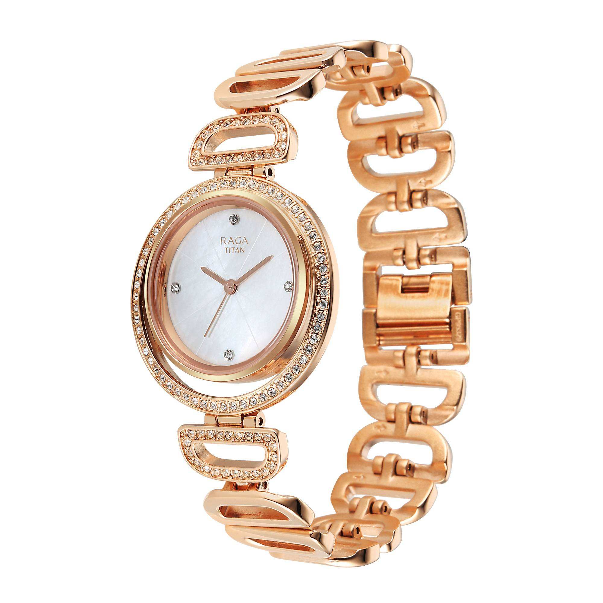 Titan Raga Glimmers Mother of Pearl Dial Rose Gold Metal Strap Analog Watch for Women