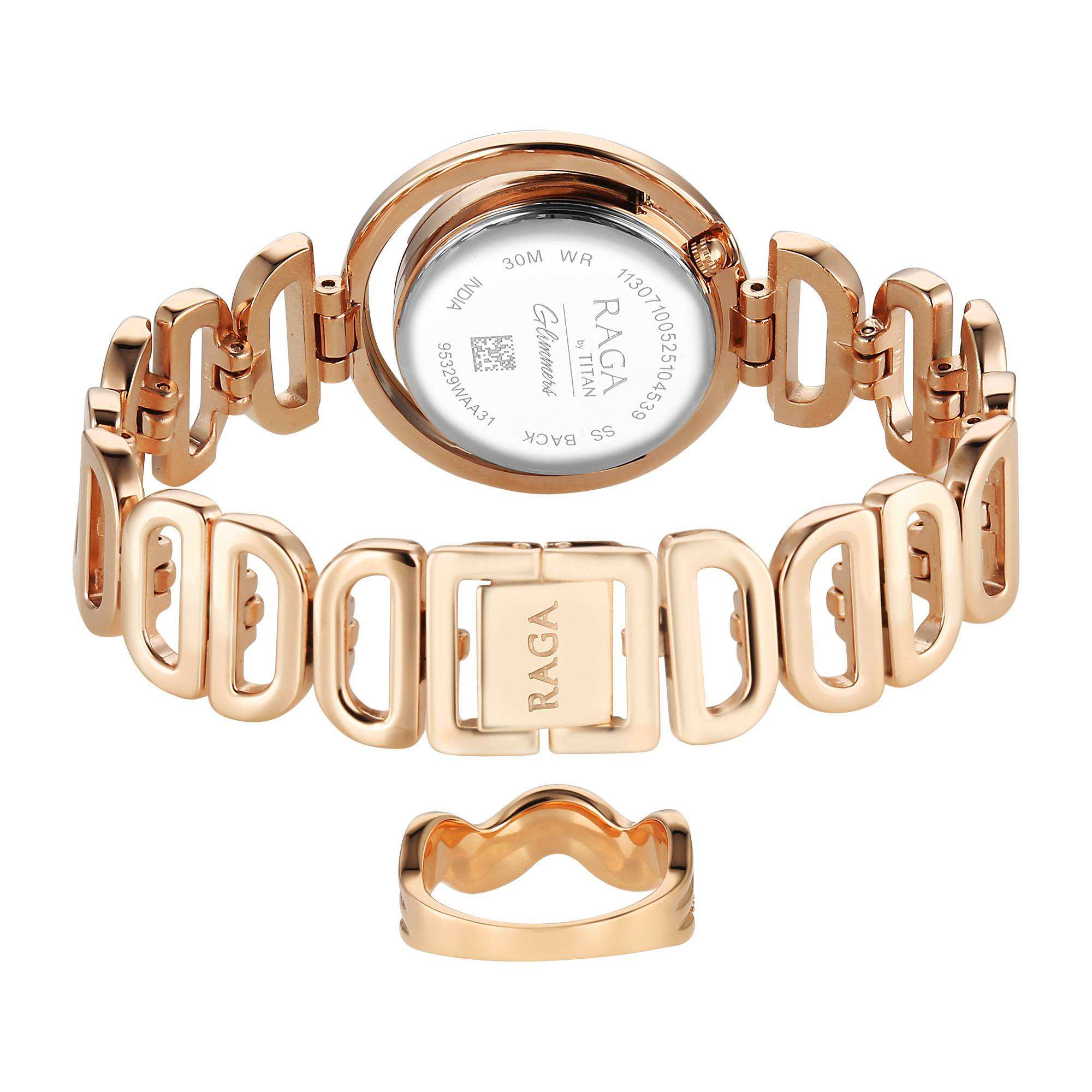 Titan Raga Glimmers Mother of Pearl Dial Rose Gold Metal Strap Analog Watch for Women