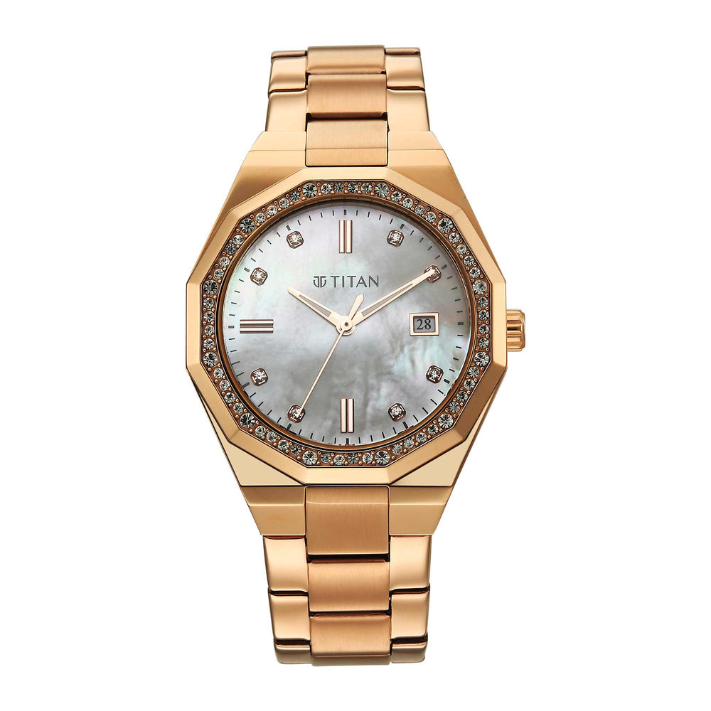 Titan Purple Oro Time Quartz Mother Of Pearl Dial Rose Gold Strap Watch For Ladies