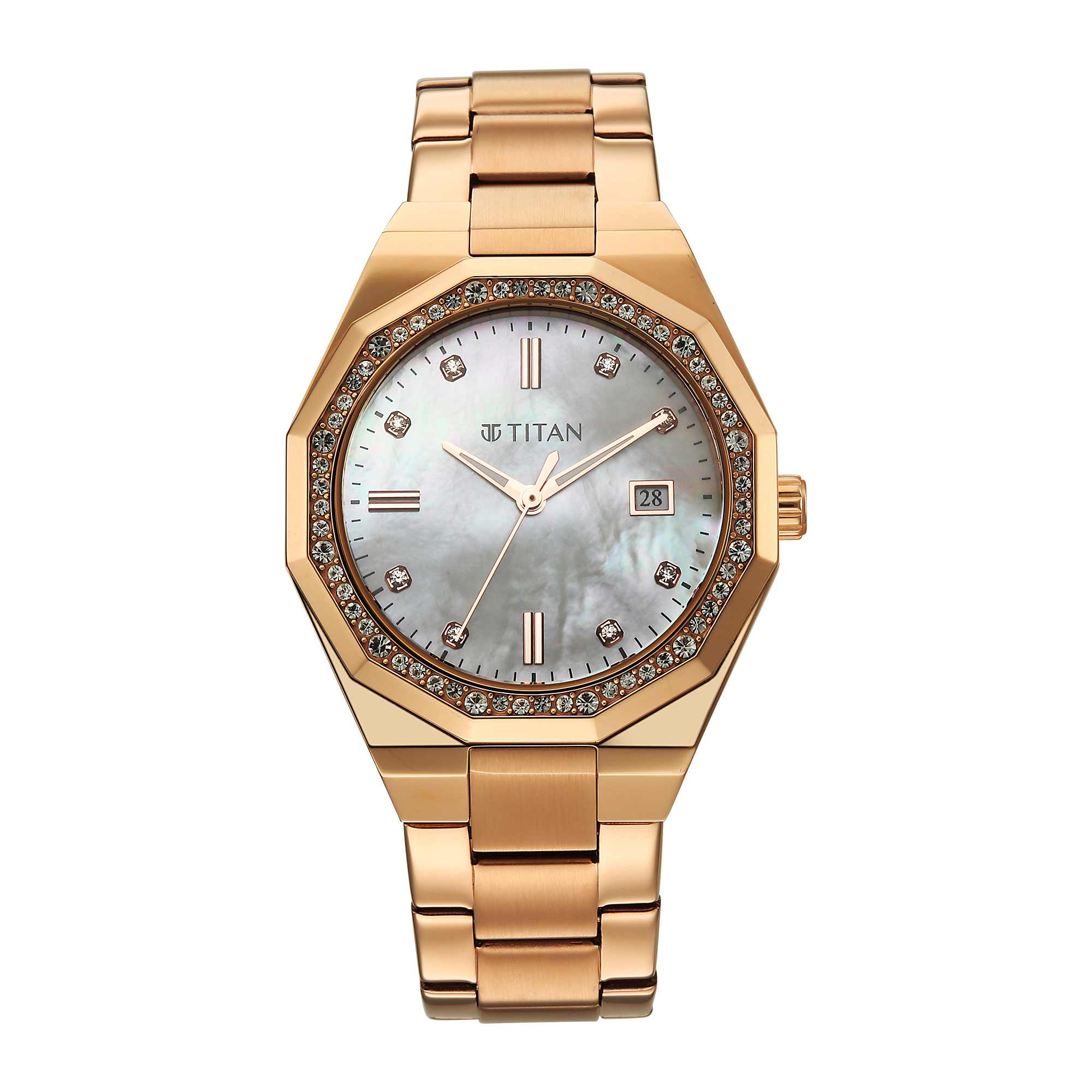 Titan Purple Mother of Pearl Dial Rose Gold Stainless Steel Strap Analog with Date Watch for Women