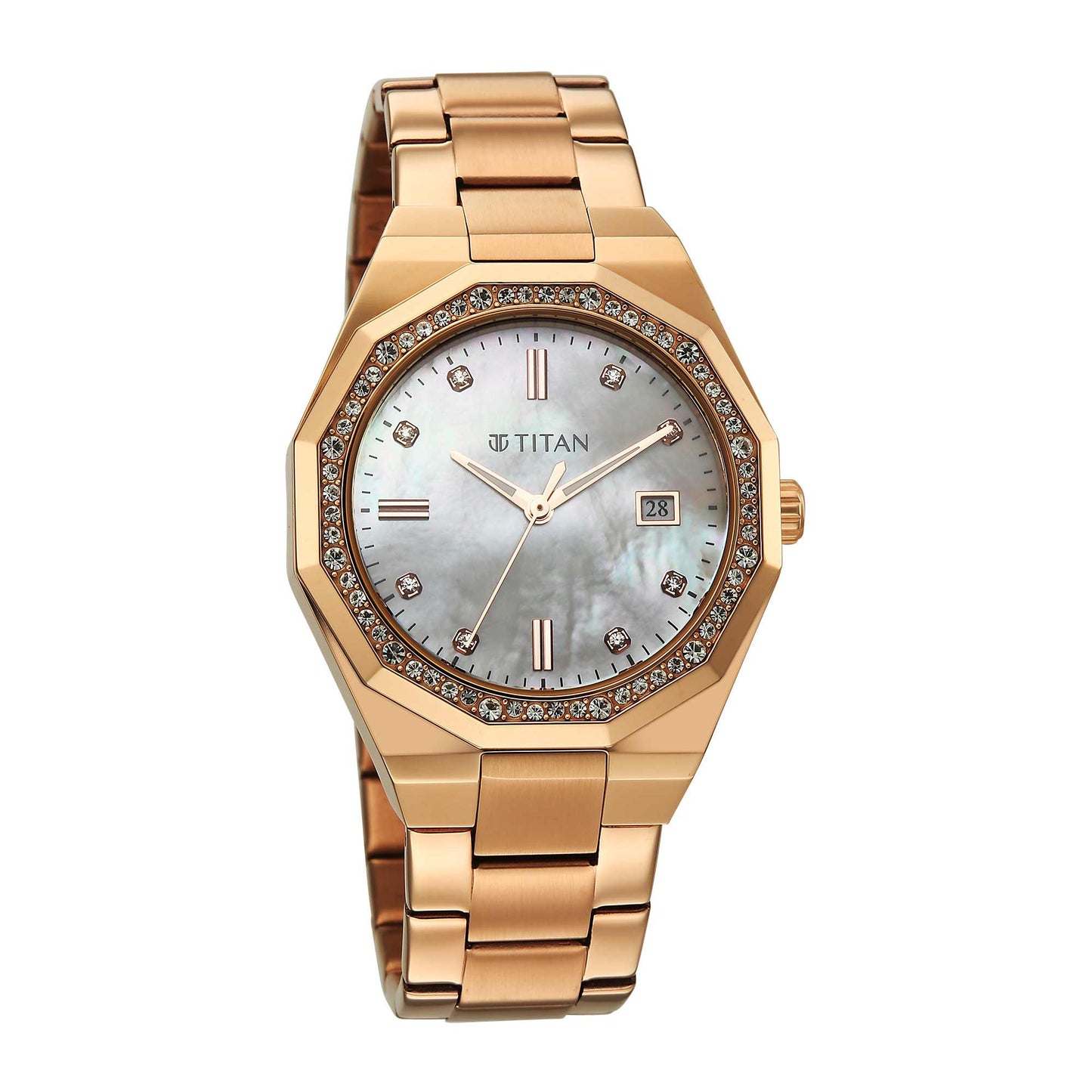 Titan Purple Oro Time Quartz Mother Of Pearl Dial Rose Gold Strap Watch For Ladies