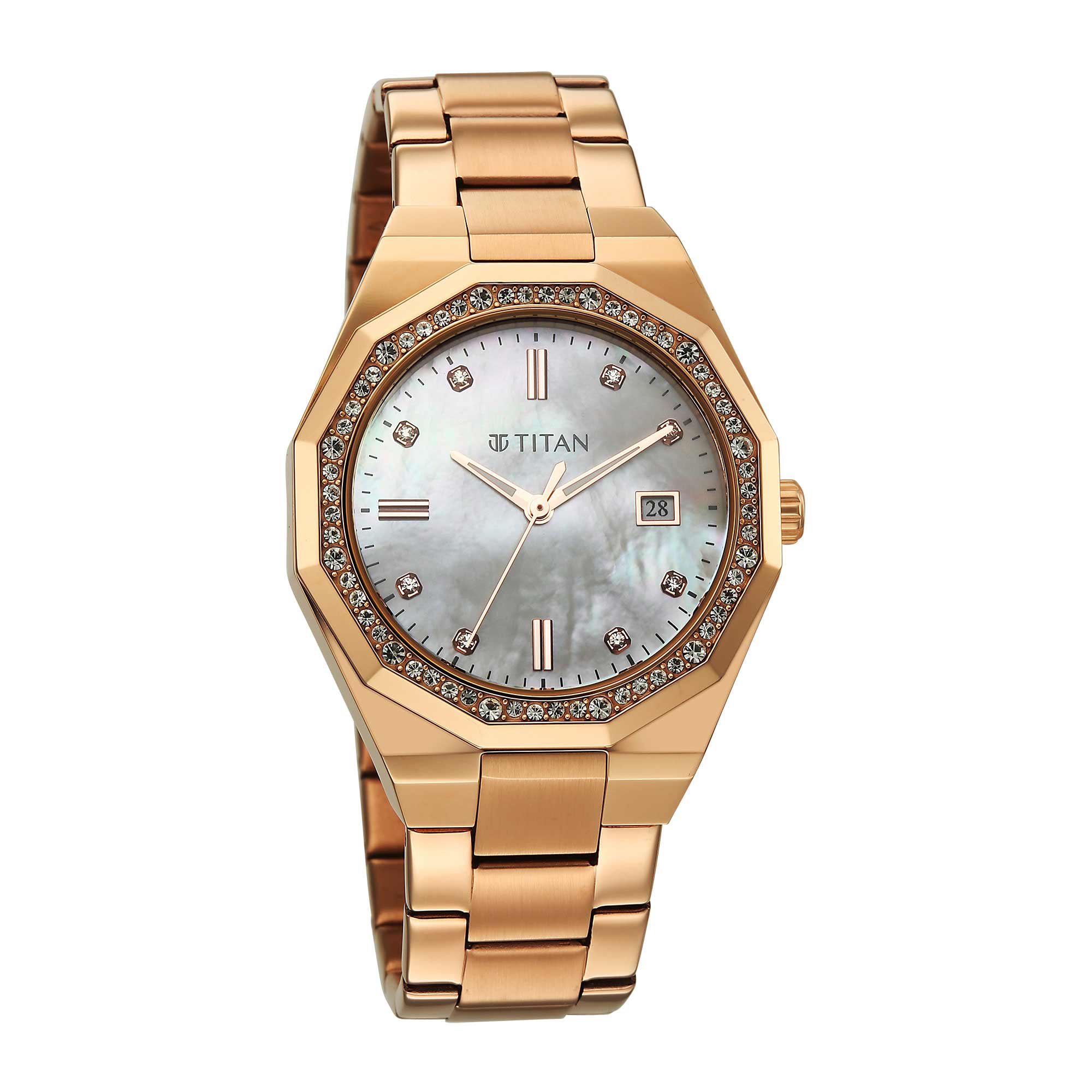 Titan Purple Mother of Pearl Dial Rose Gold Stainless Steel Strap Analog with Date Watch for Women