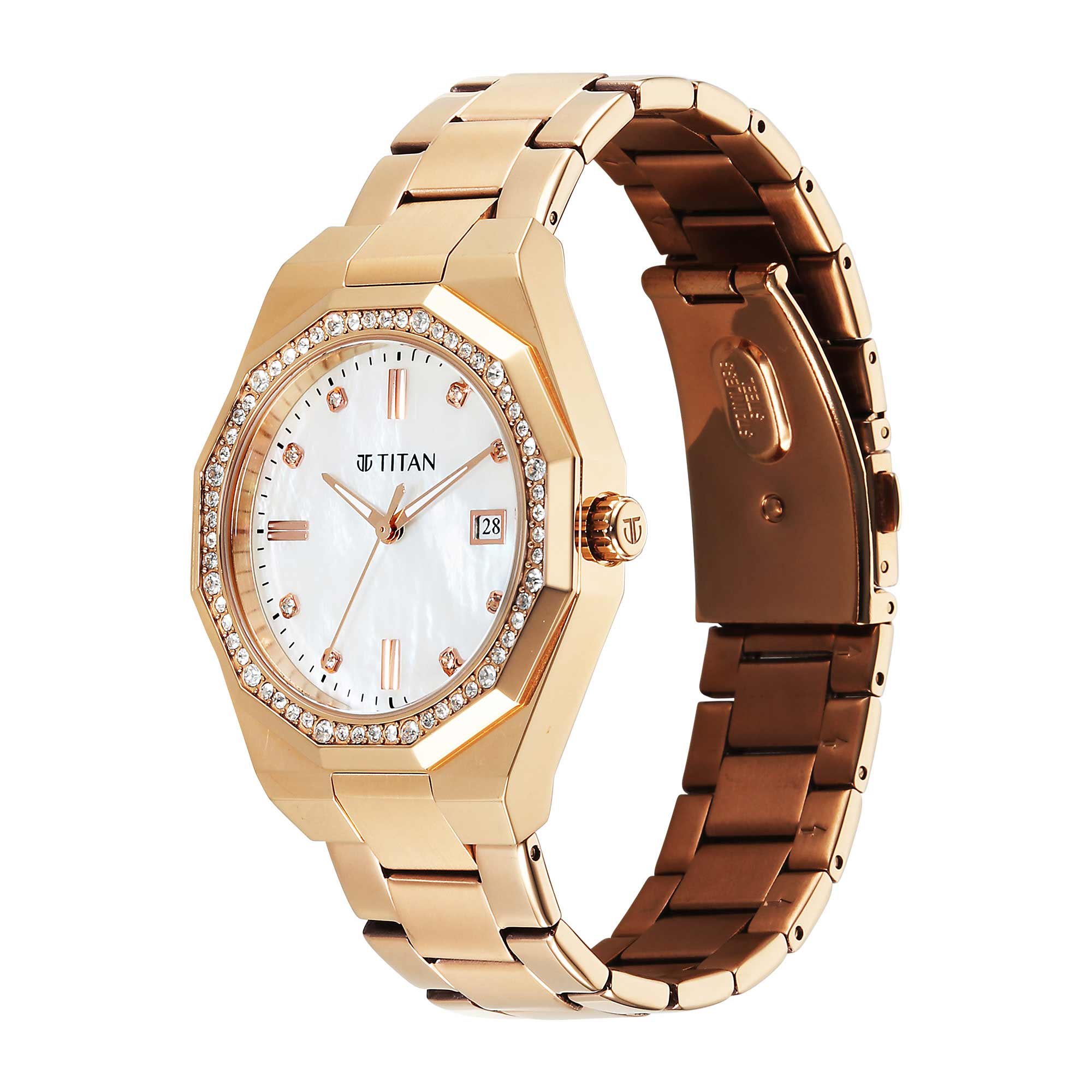 Titan Purple Mother of Pearl Dial Rose Gold Stainless Steel Strap Analog with Date Watch for Women