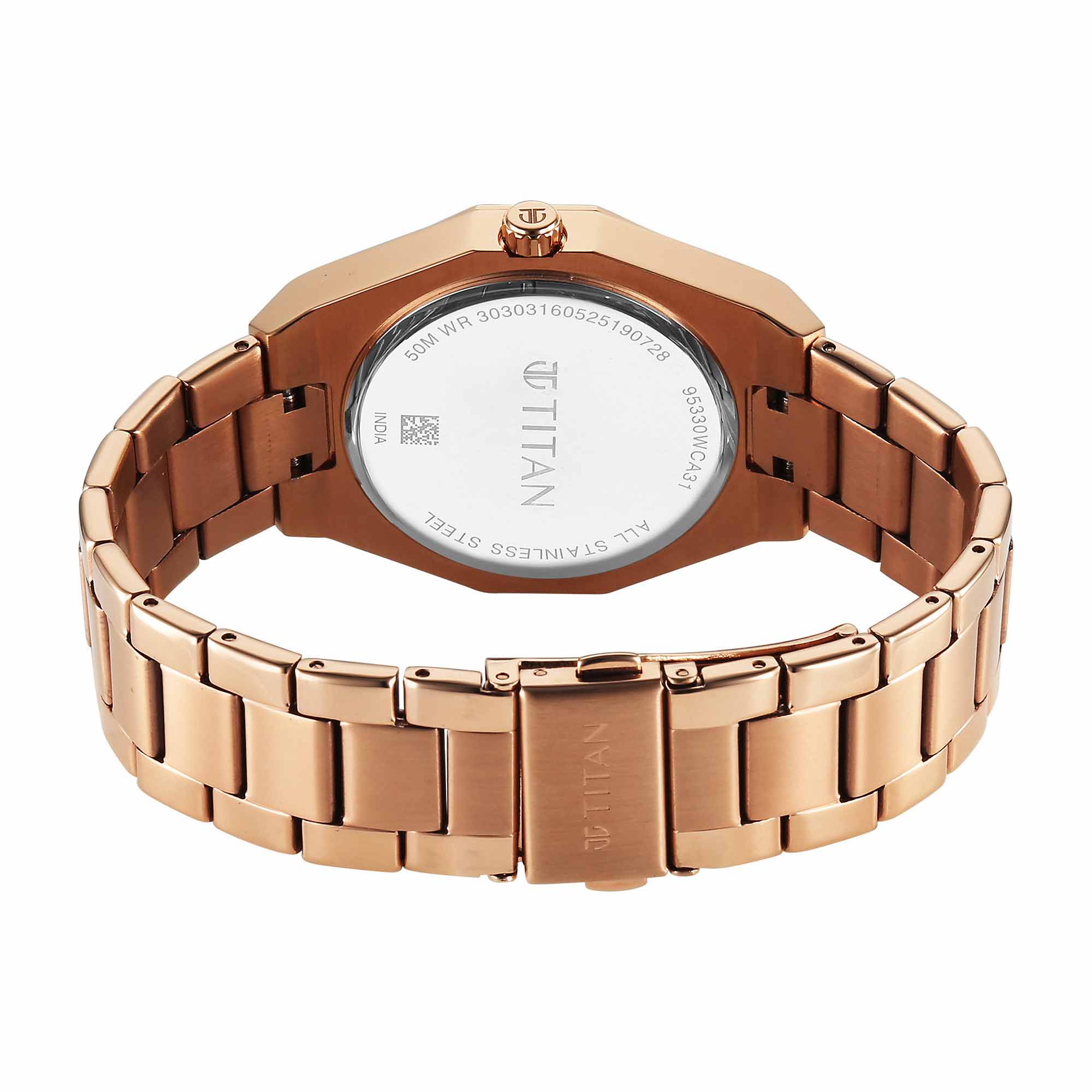 Titan Purple Mother of Pearl Dial Rose Gold Stainless Steel Strap Analog with Date Watch for Women