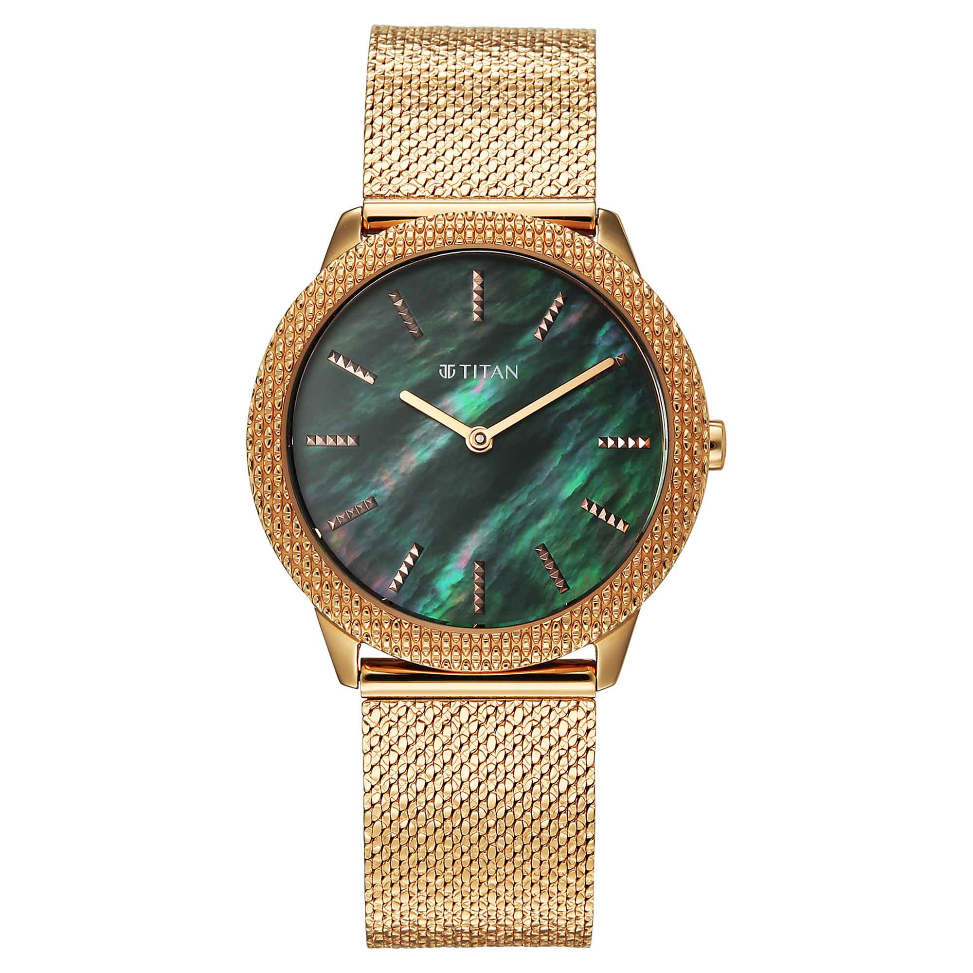 Titan Purple Mother of Pearl Dial Rose Gold Metal Strap Analog Watch for Women