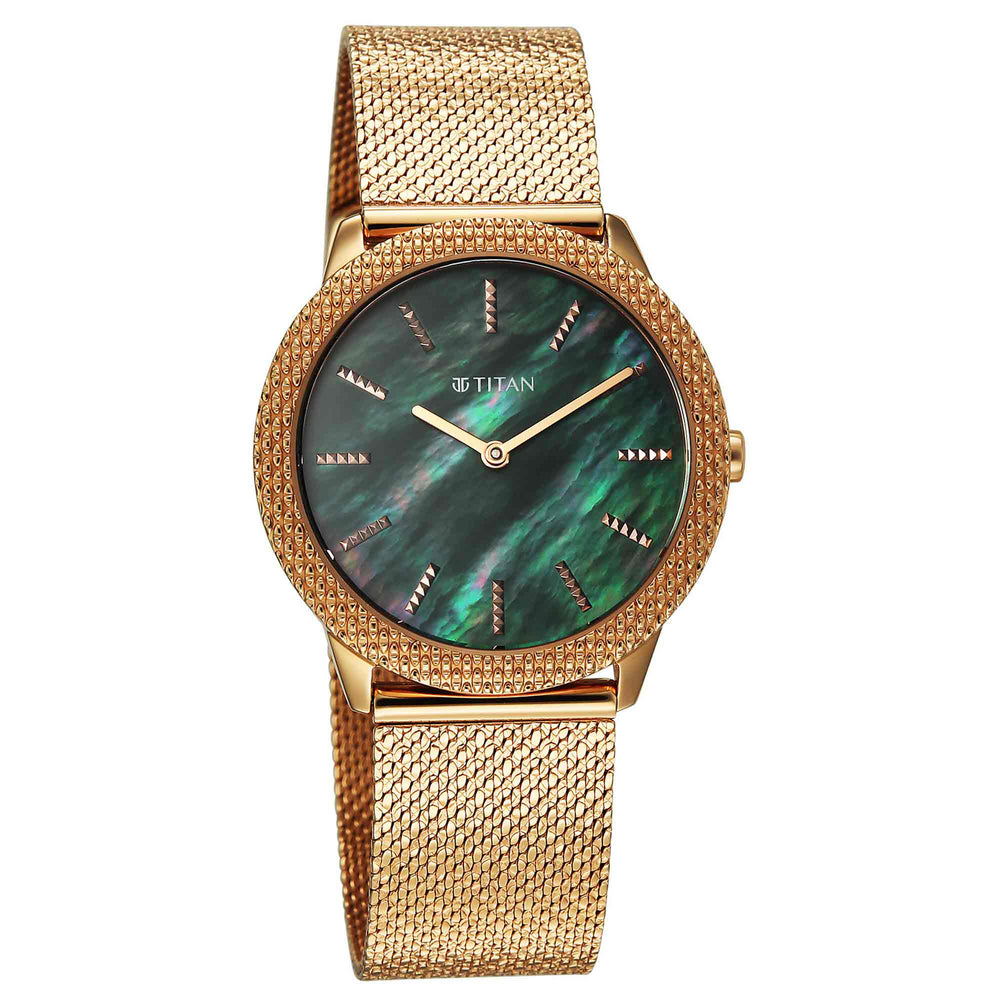 Titan Purple Oro Time Quartz Green Dial Rose Gold Strap Watch For Ladies