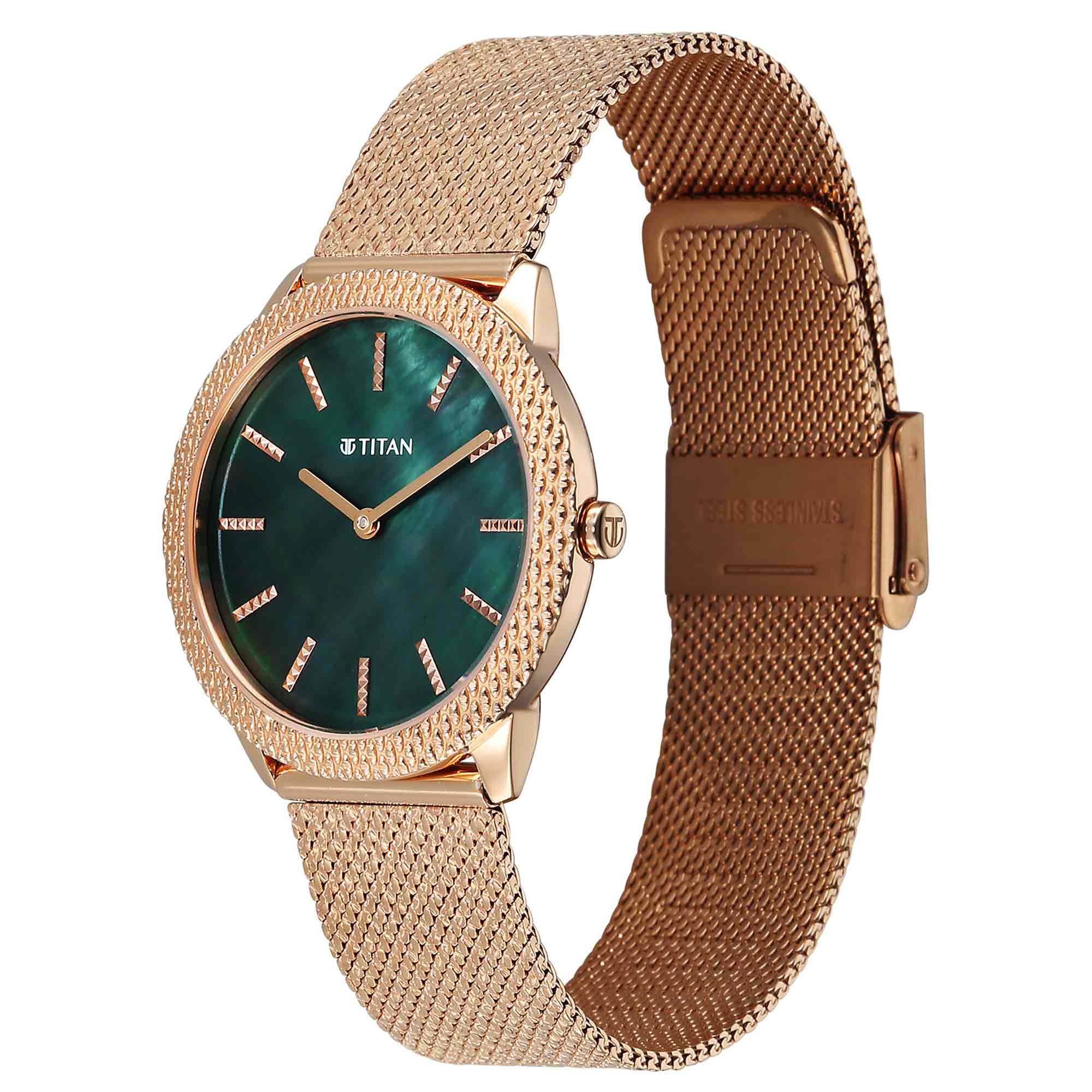 Titan Purple Mother of Pearl Dial Rose Gold Metal Strap Analog Watch for Women