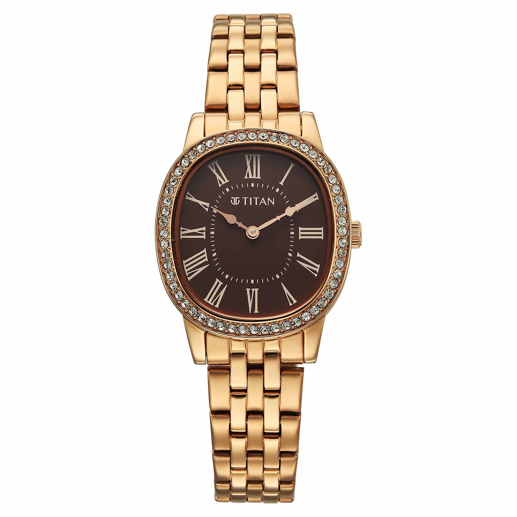 Titan Purple Brown Oval Dial Rose Gold Stainless Steel Strap Analog Watch for Women