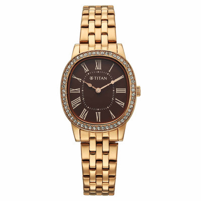 Titan Purple Oro Time Quartz Brown Dial Rose Gold Strap Watch For Ladies