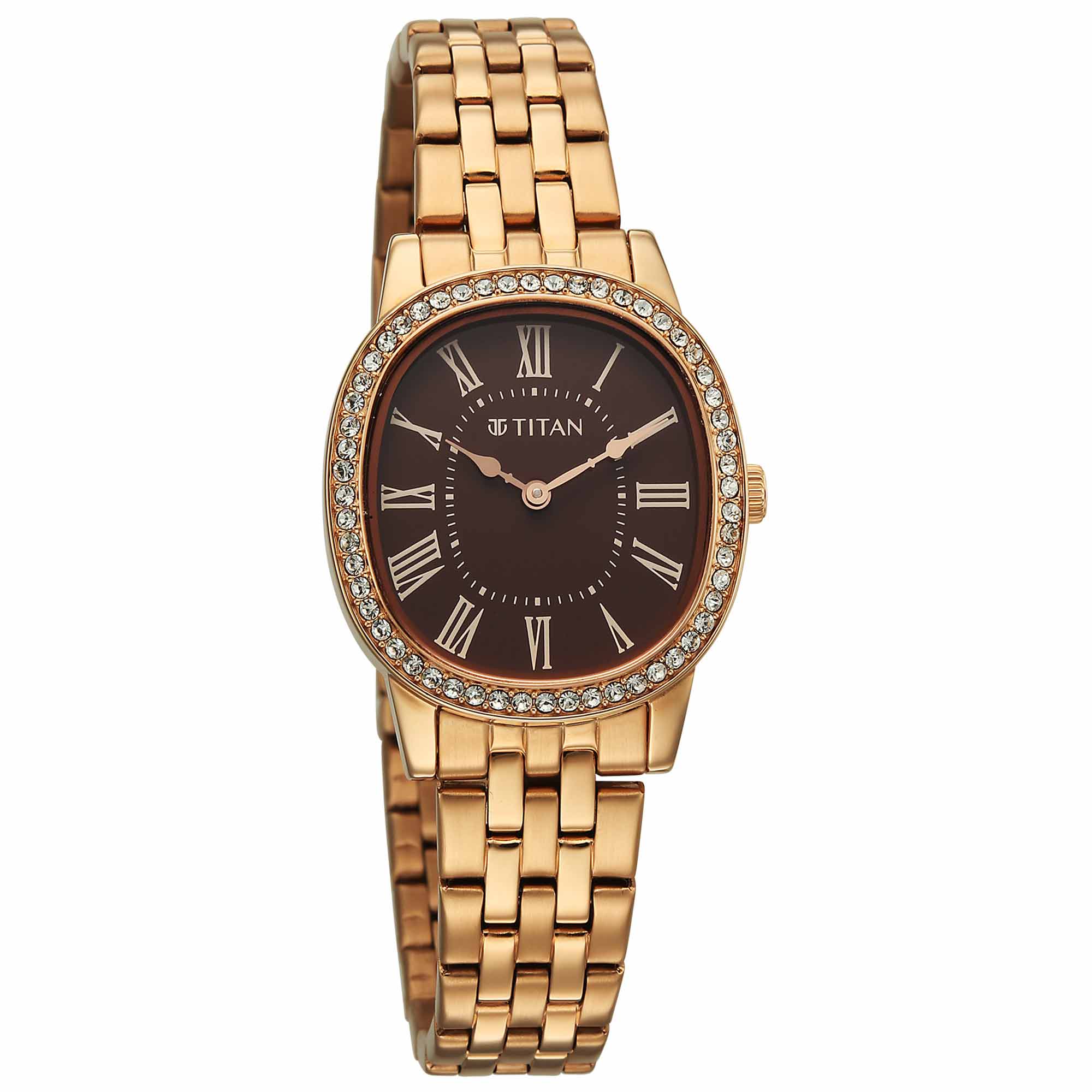 Titan Purple Brown Oval Dial Rose Gold Stainless Steel Strap Analog Watch for Women
