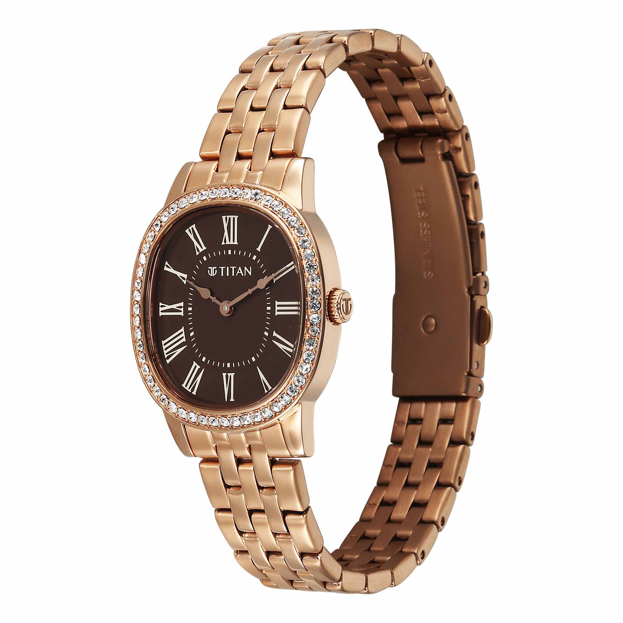 Titan Purple Brown Oval Dial Rose Gold Stainless Steel Strap Analog Watch for Women