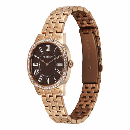 Titan Purple Oro Time Quartz Brown Dial Rose Gold Strap Watch For Ladies