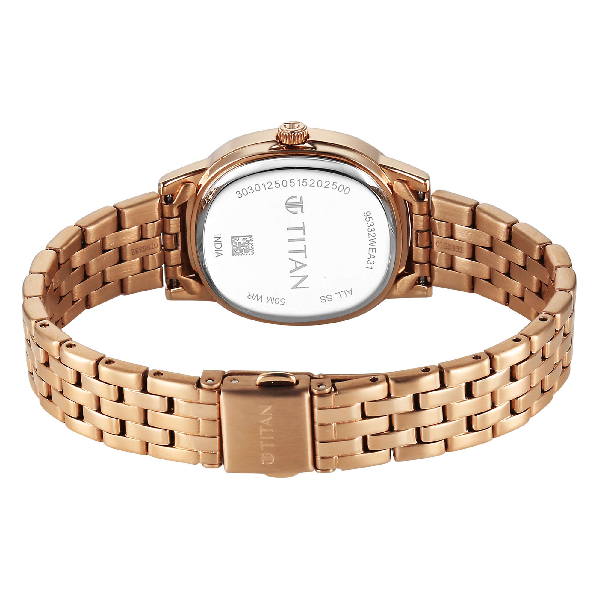 Titan Purple Brown Oval Dial Rose Gold Stainless Steel Strap Analog Watch for Women