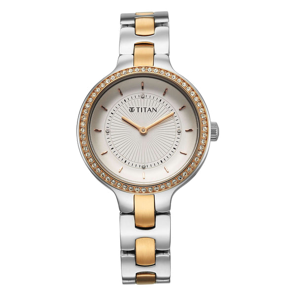Titan Purple Oro Time Quartz White Dial Two Tone Strap Watch For Ladies