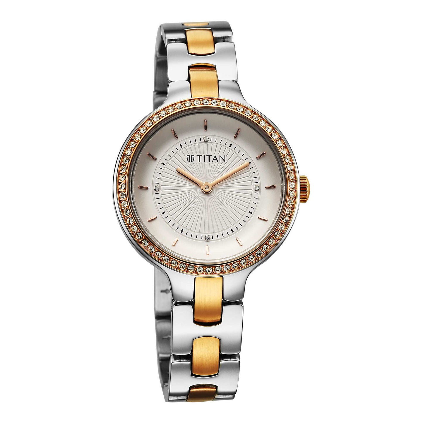Titan Purple Oro Time Quartz White Dial Two Tone Strap Watch For Ladies