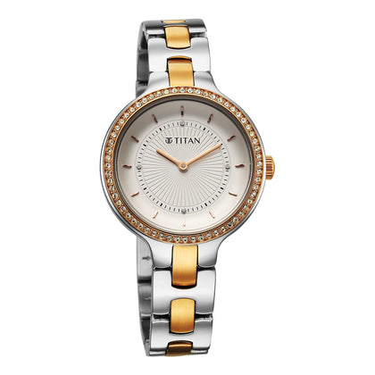 Titan Purple Oro Time Quartz White Dial Two Tone Strap Watch For Ladies