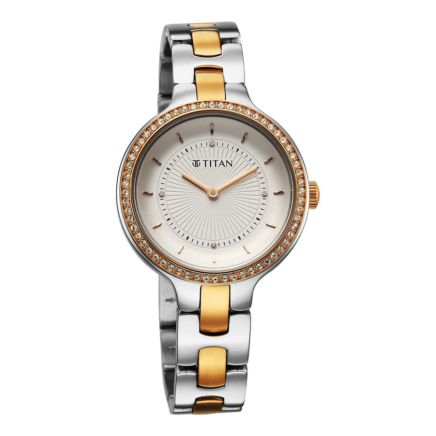 Titan Purple Oro Time Quartz White Dial Two Tone Strap Watch For Ladies