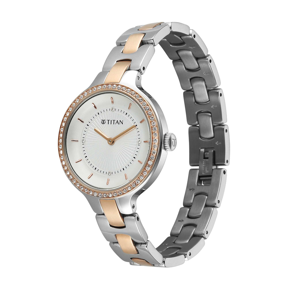 Titan Purple Oro Time Quartz White Dial Two Tone Strap Watch For Ladies