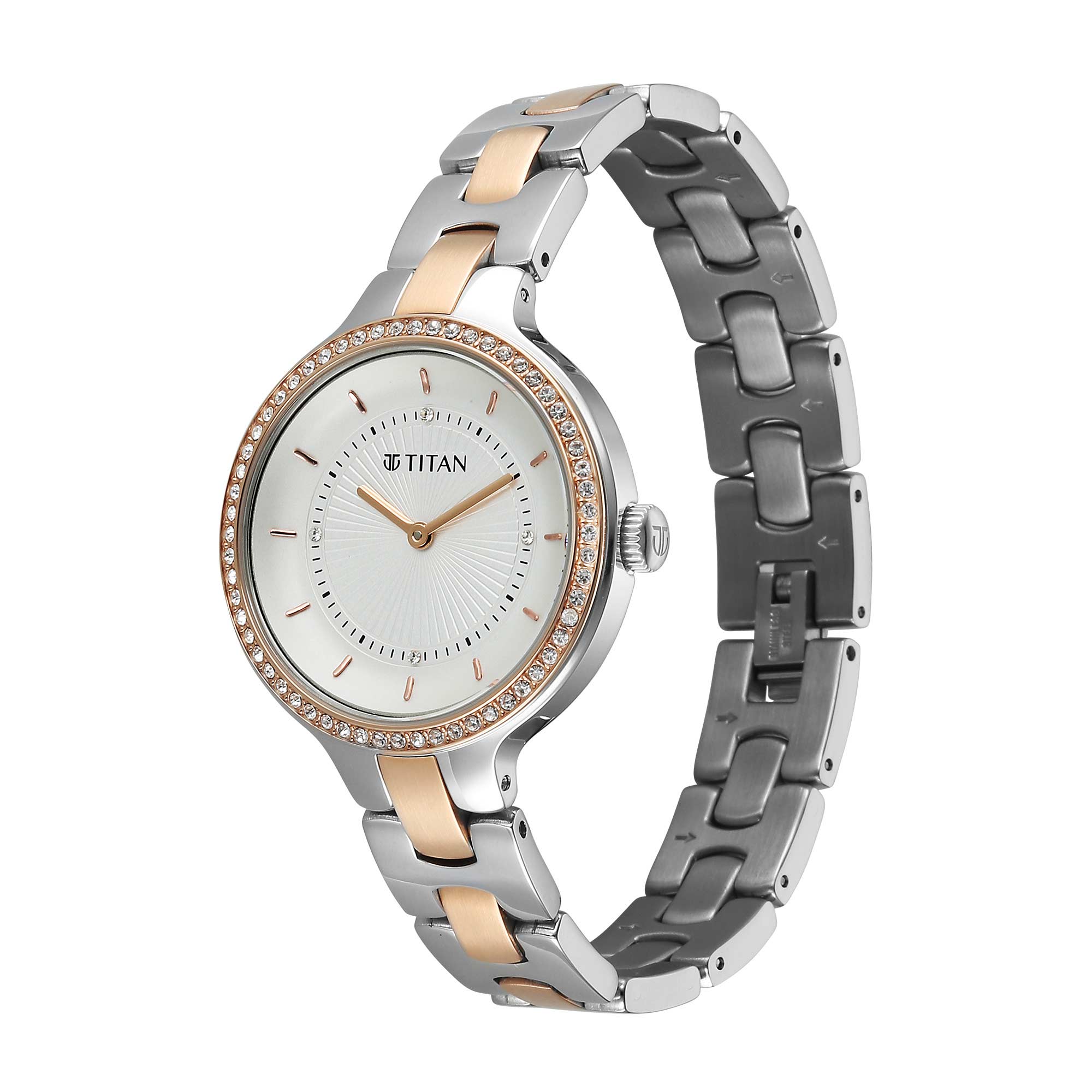Titan Purple White Dial Dual Color Stainless Steel Strap Analog Watch for Women